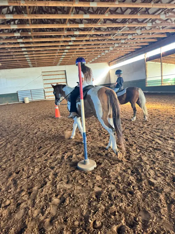 A young rider weaving a pony through poles in the indoor arena