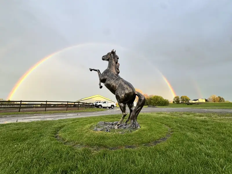 A rearing horse statue on the front lawn with a rainbow in the sky behind it
